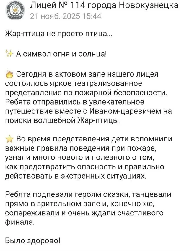 Скриншот отзыва Лицея № 114 города Новокузнецка о спектакле по пожарной безопасности
